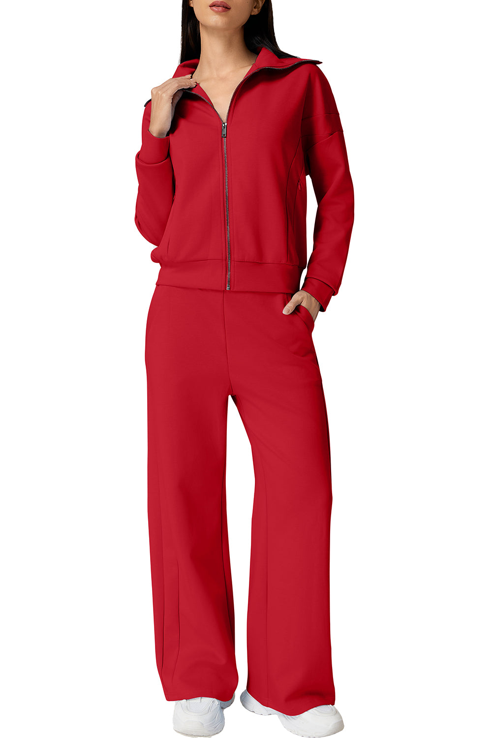 QINSEN Women's Cotton 2 Piece Outfits Lapel Long Sleeve Zip Up Sweatshirt Wide Leg Pants Matching Tracksuit Sets