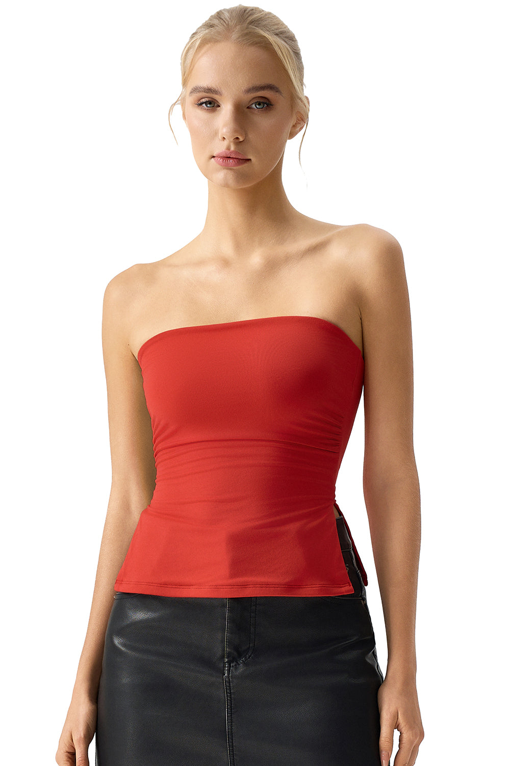 QINSEN Women's Tube Top Double Lined Side Split Strapless Bandeau Top Ruched Summer Going Out Tank Tops
