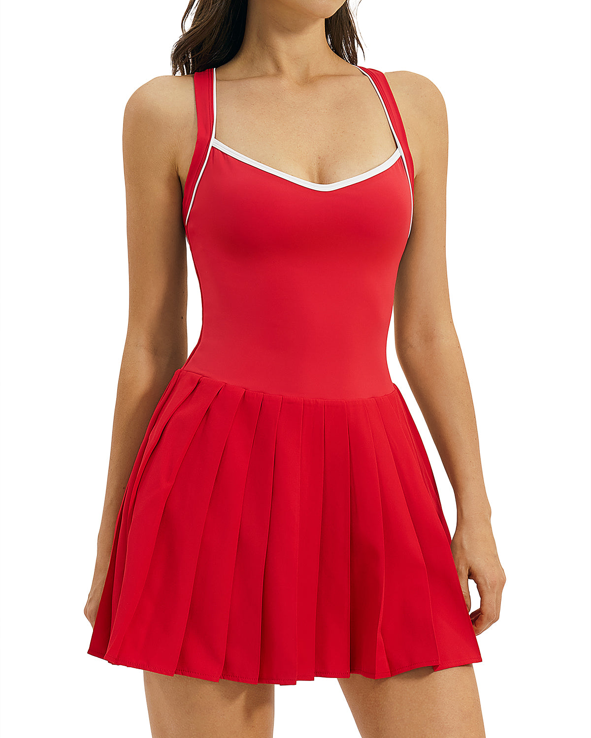 QINSEN Womens V Neck Pleated Tennis Dresses Built in Shorts Cross Back Sleeveless Athletic Dress with Pockets
