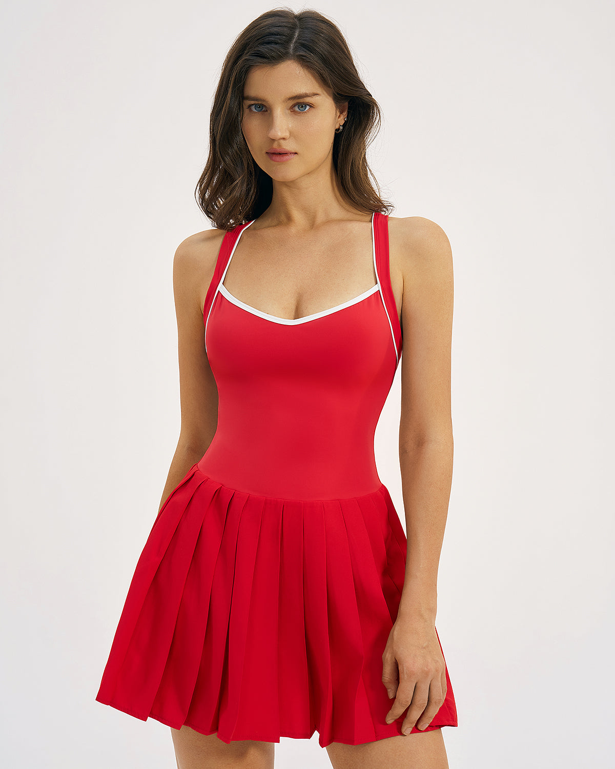 QINSEN Womens V Neck Pleated Tennis Dresses Built in Shorts Cross Back Sleeveless Athletic Dress with Pockets