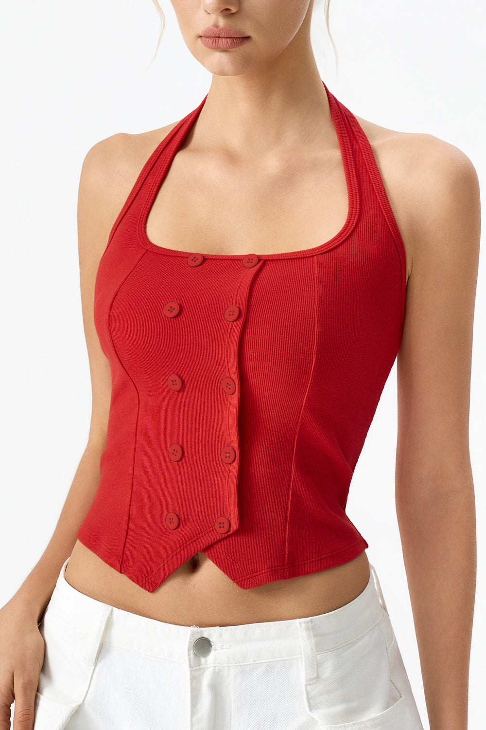 QINSEN Sleeveless Tank Top for Womens Halter Neck Button Trim Slim Fit Cropped Tee Shirt Y2k Vest Top
