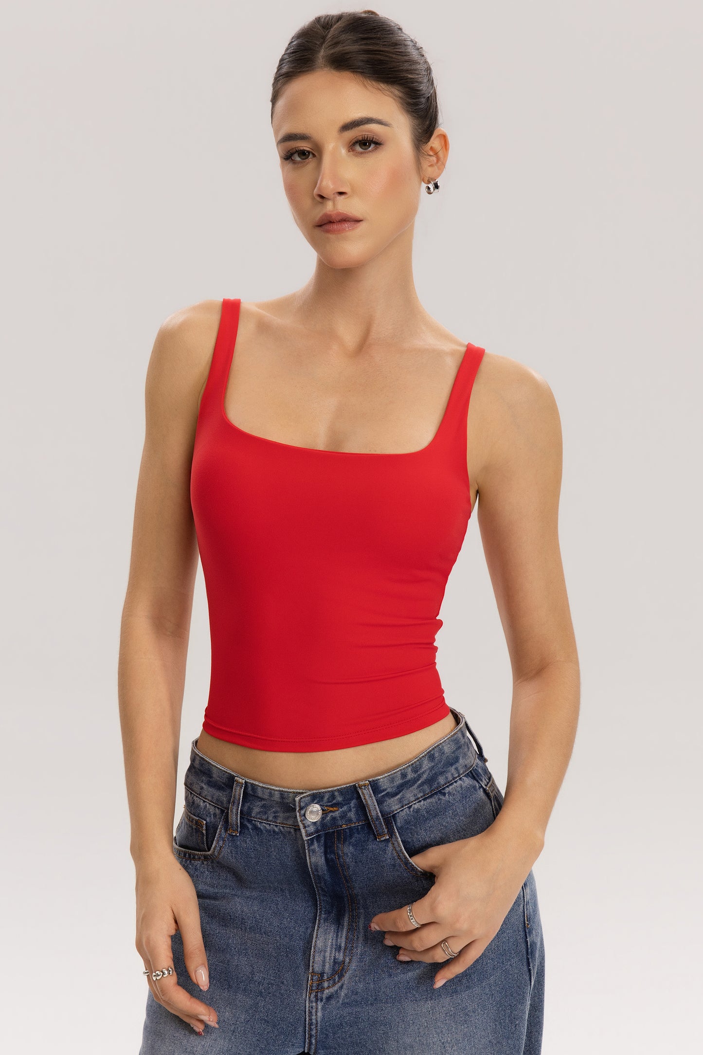 QINSEN Womens Tank Tops with Built in Bras Square Neck Double Lined Basic Sleeveless Workout Tops