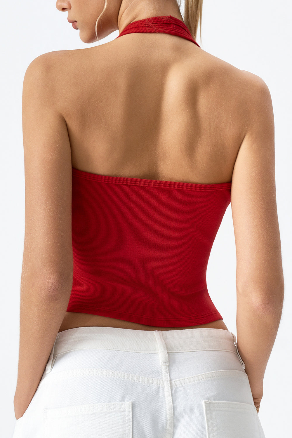 QINSEN Sleeveless Tank Top for Womens Halter Neck Button Trim Slim Fit Cropped Tee Shirt Y2k Vest Top