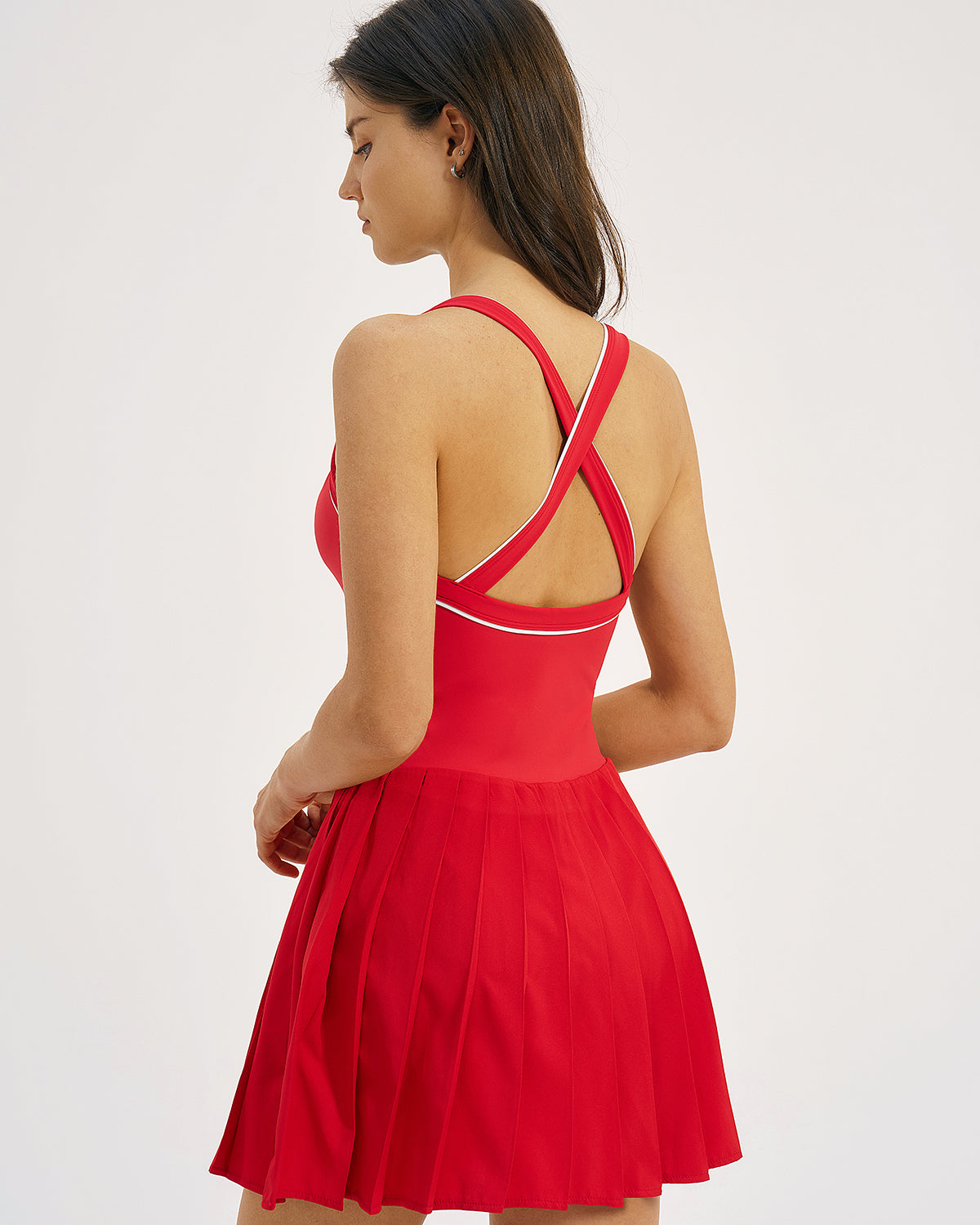 QINSEN Womens V Neck Pleated Tennis Dresses Built in Shorts Cross Back Sleeveless Athletic Dress with Pockets