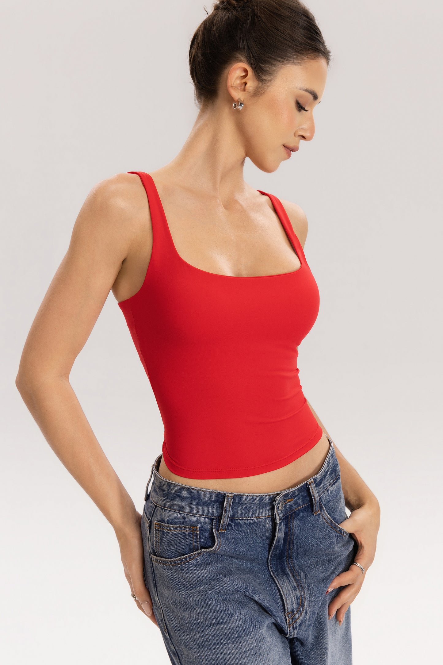 QINSEN Womens Tank Tops with Built in Bras Square Neck Double Lined Basic Sleeveless Workout Tops