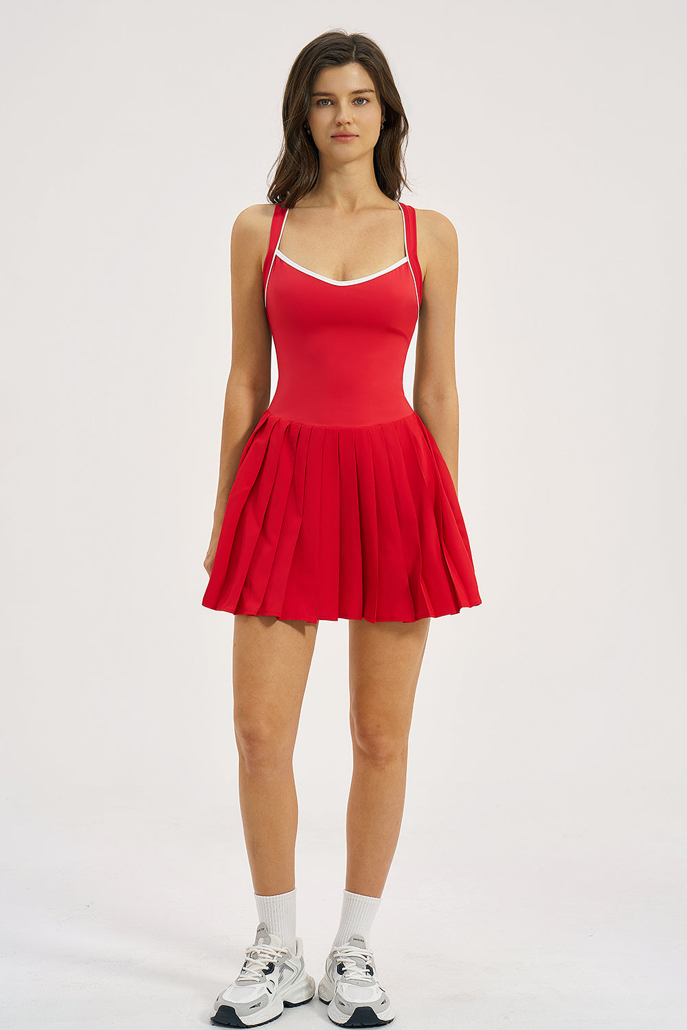 QINSEN Womens V Neck Pleated Tennis Dresses Built in Shorts Cross Back Sleeveless Athletic Dress with Pockets