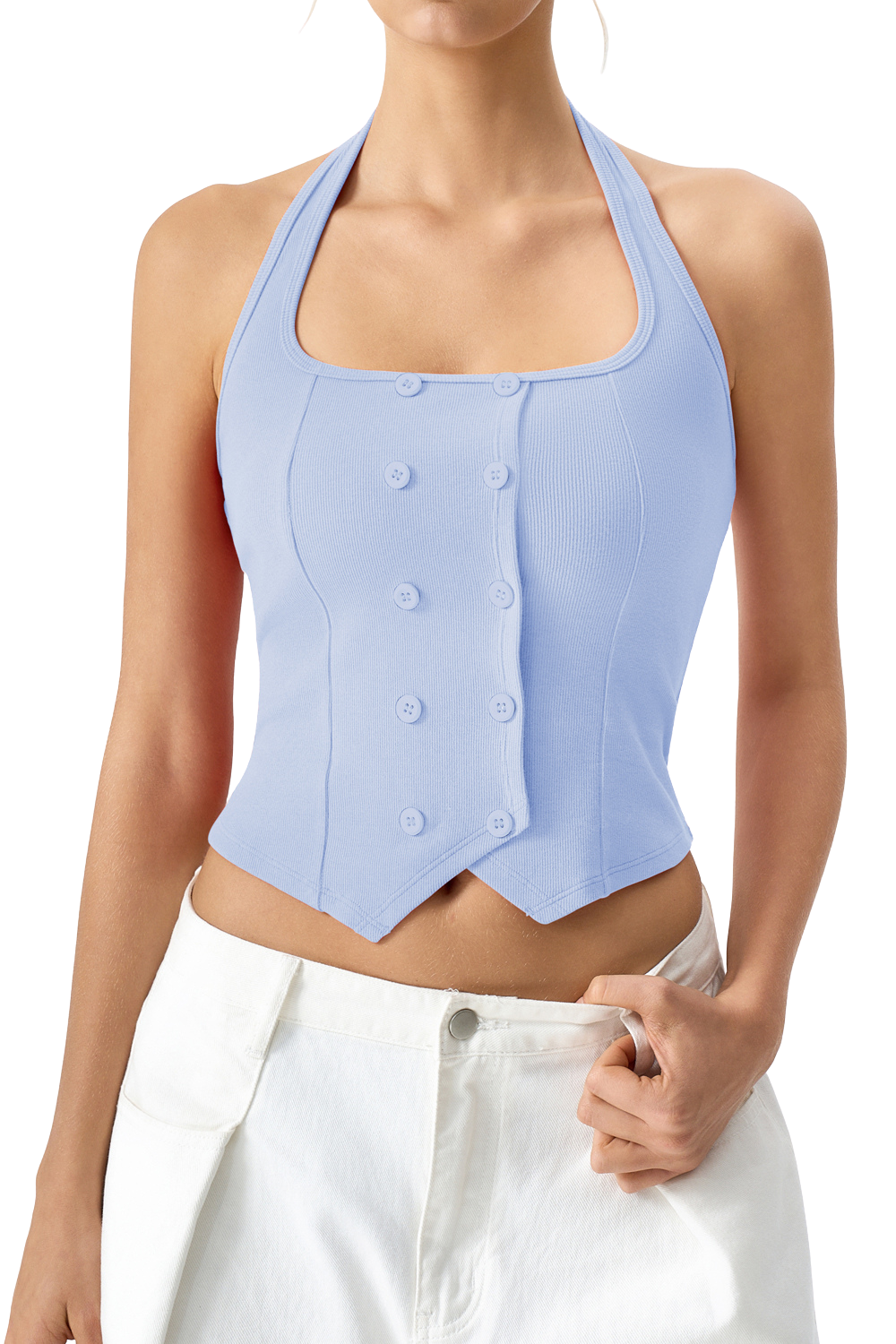 QINSEN Sleeveless Tank Top for Womens Halter Neck Button Trim Slim Fit Cropped Tee Shirt Y2k Vest Top