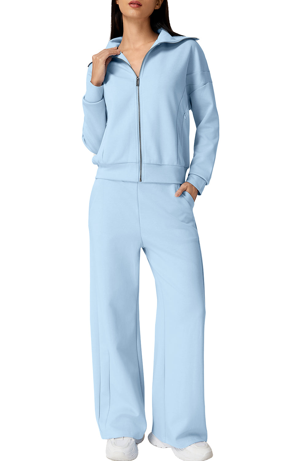 QINSEN Women's Cotton 2 Piece Outfits Lapel Long Sleeve Zip Up Sweatshirt Wide Leg Pants Matching Tracksuit Sets