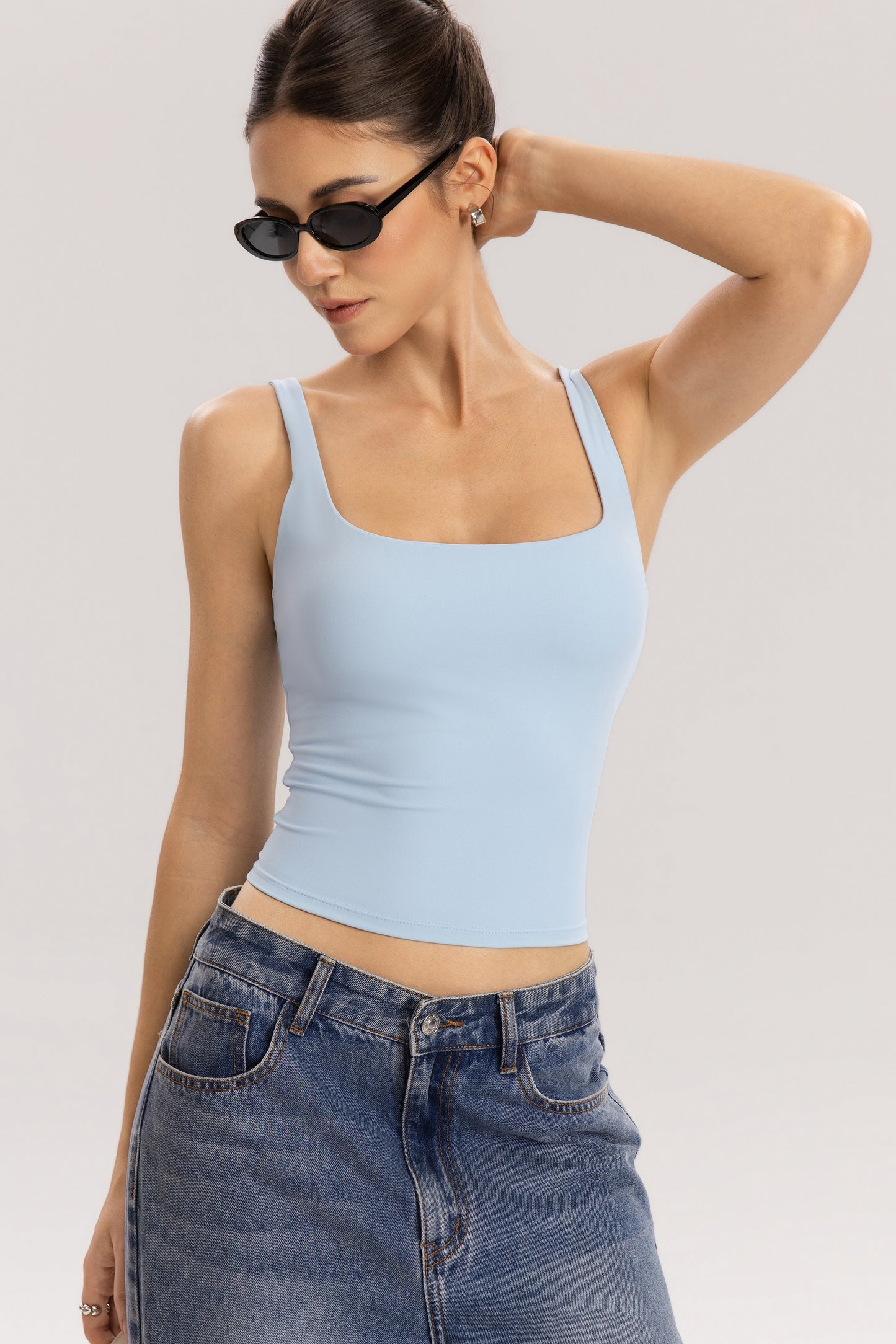QINSEN Womens Tank Tops with Built in Bras Square Neck Double Lined Basic Sleeveless Workout Tops