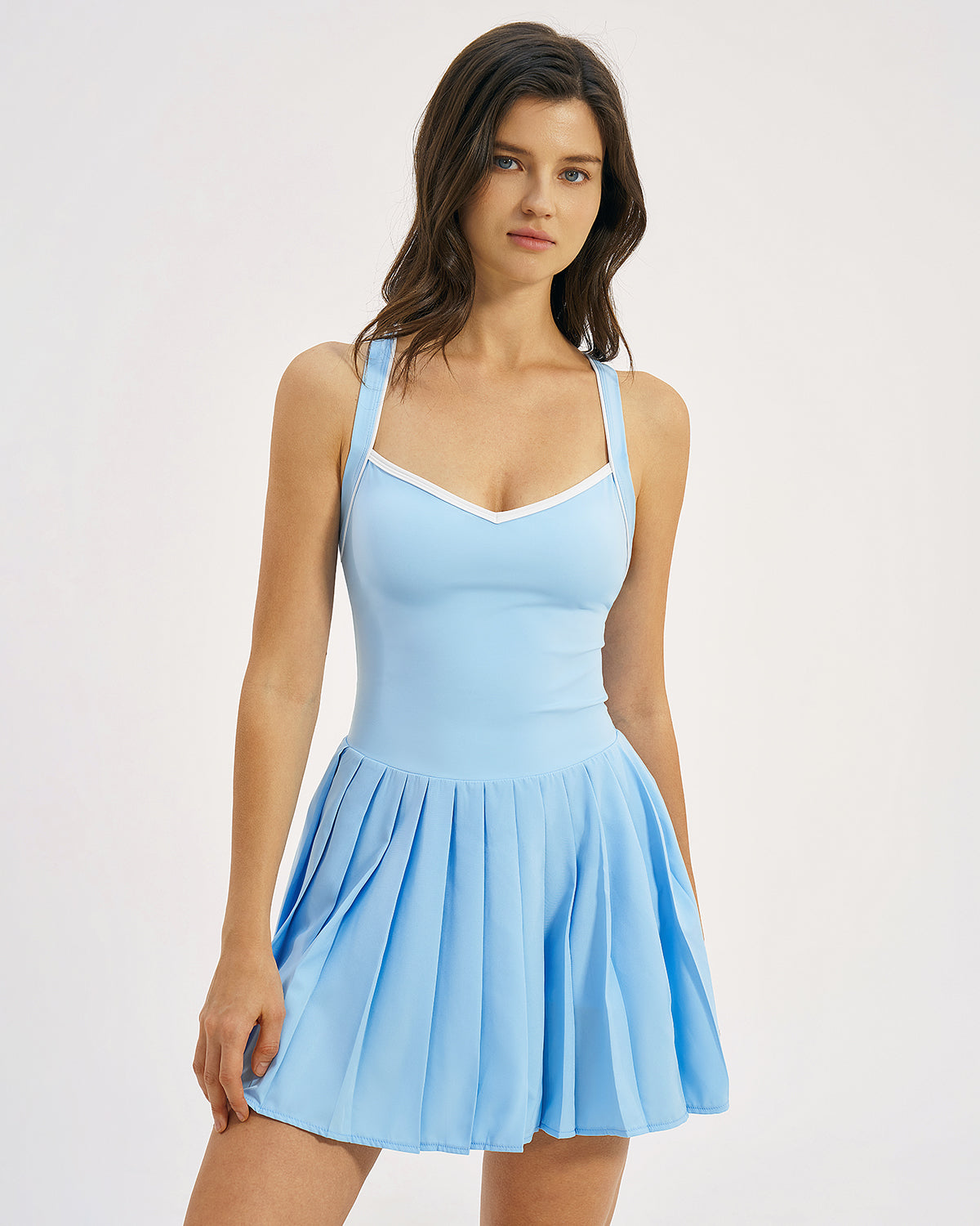 QINSEN Womens V Neck Pleated Tennis Dresses Built in Shorts Cross Back Sleeveless Athletic Dress with Pockets