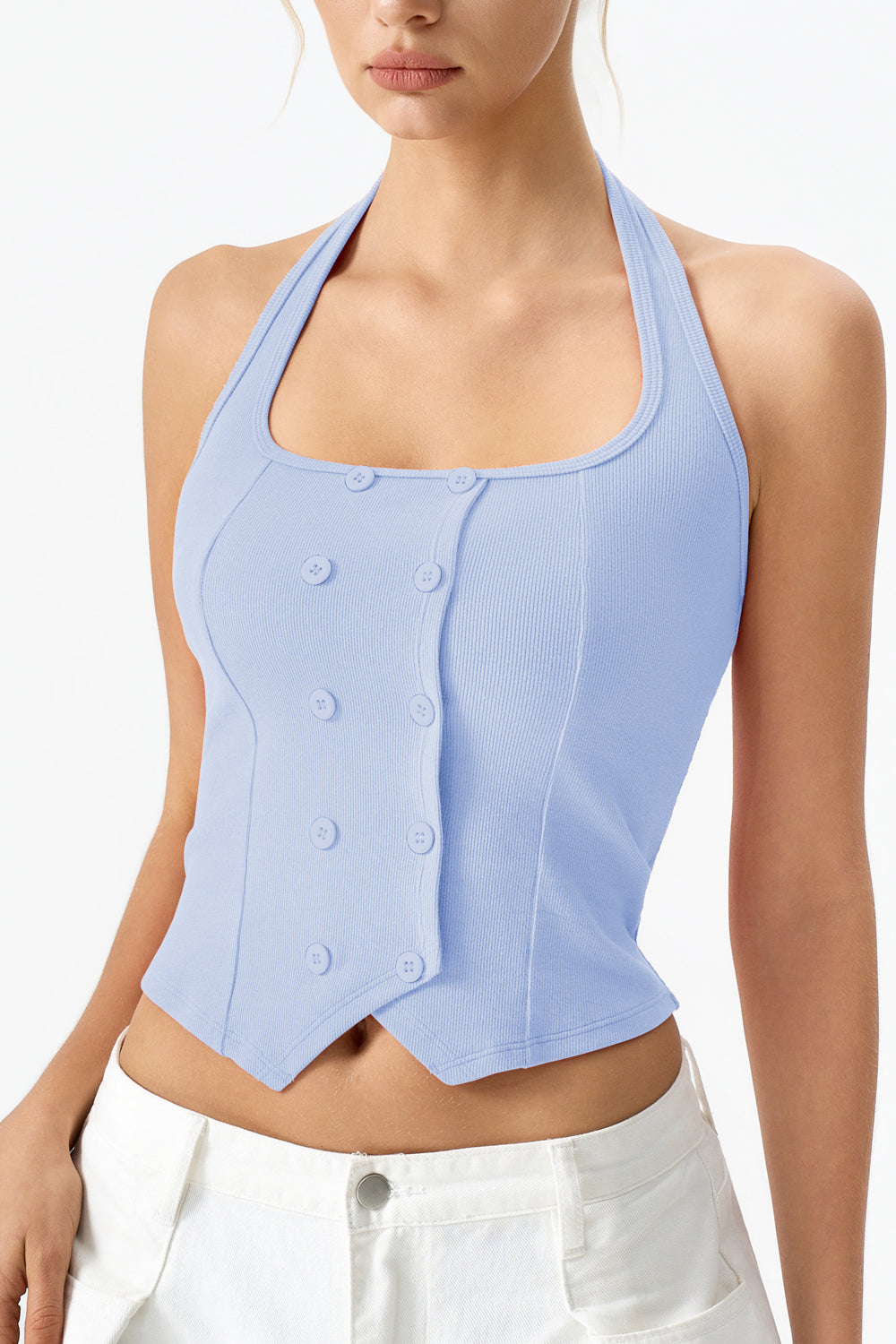 QINSEN Sleeveless Tank Top for Womens Halter Neck Button Trim Slim Fit Cropped Tee Shirt Y2k Vest Top