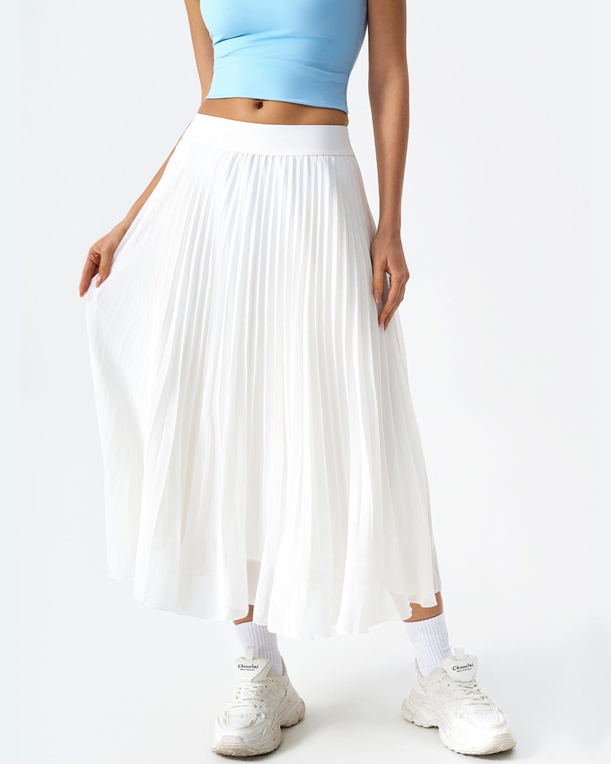 QINSEN Women's Elegant Flowy Pleated Chiffon Skirts A-line Swing Midi Skirts Elastic Waist Soft Linging
