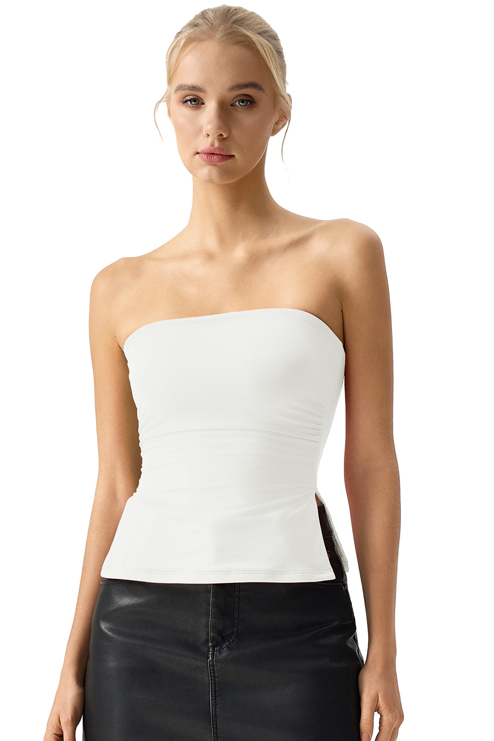 QINSEN Women's Tube Top Double Lined Side Split Strapless Bandeau Top Ruched Summer Going Out Tank Tops