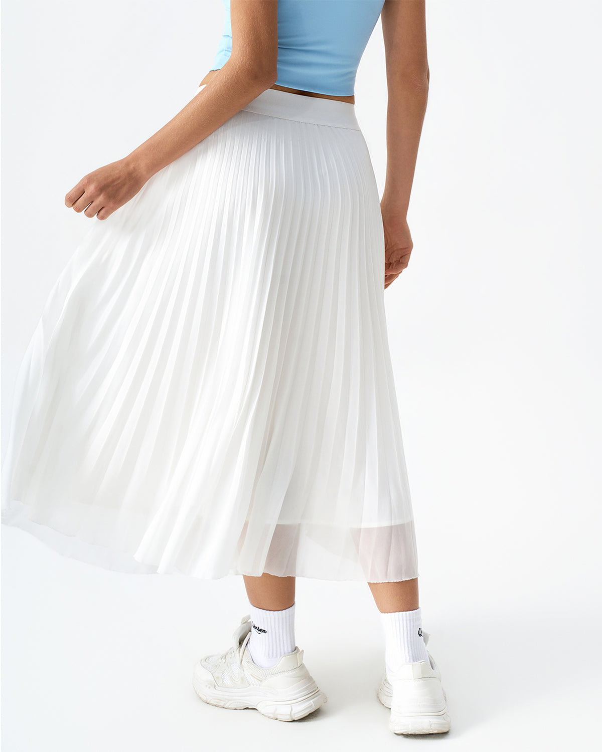 QINSEN Women's Elegant Flowy Pleated Chiffon Skirts A-line Swing Midi Skirts Elastic Waist Soft Linging