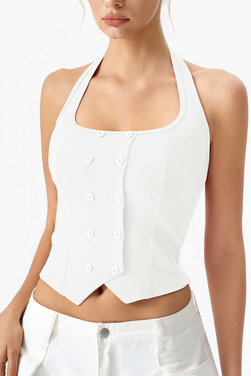 QINSEN Sleeveless Tank Top for Womens Halter Neck Button Trim Slim Fit Cropped Tee Shirt Y2k Vest Top