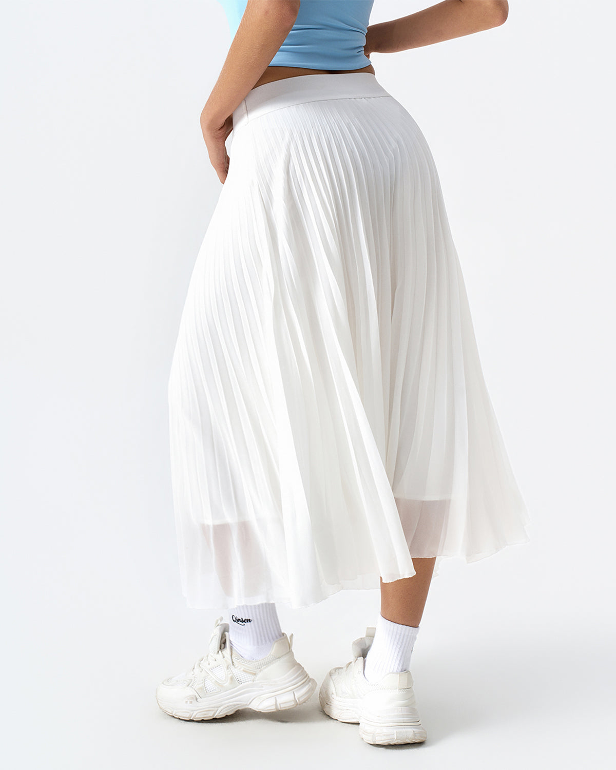 QINSEN Women's Elegant Flowy Pleated Chiffon Skirts A-line Swing Midi Skirts Elastic Waist Soft Linging