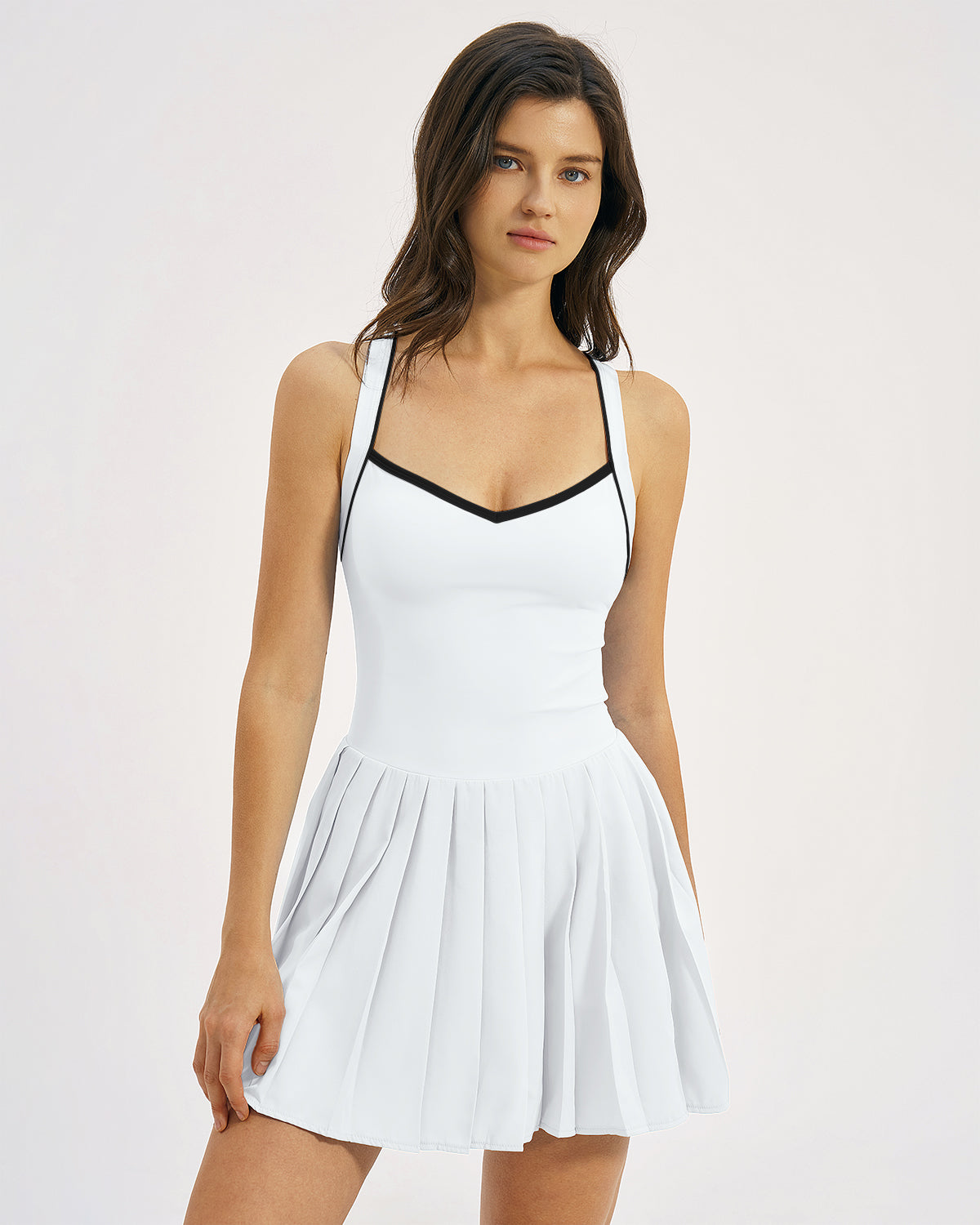 QINSEN Womens V Neck Pleated Tennis Dresses Built in Shorts Cross Back Sleeveless Athletic Dress with Pockets