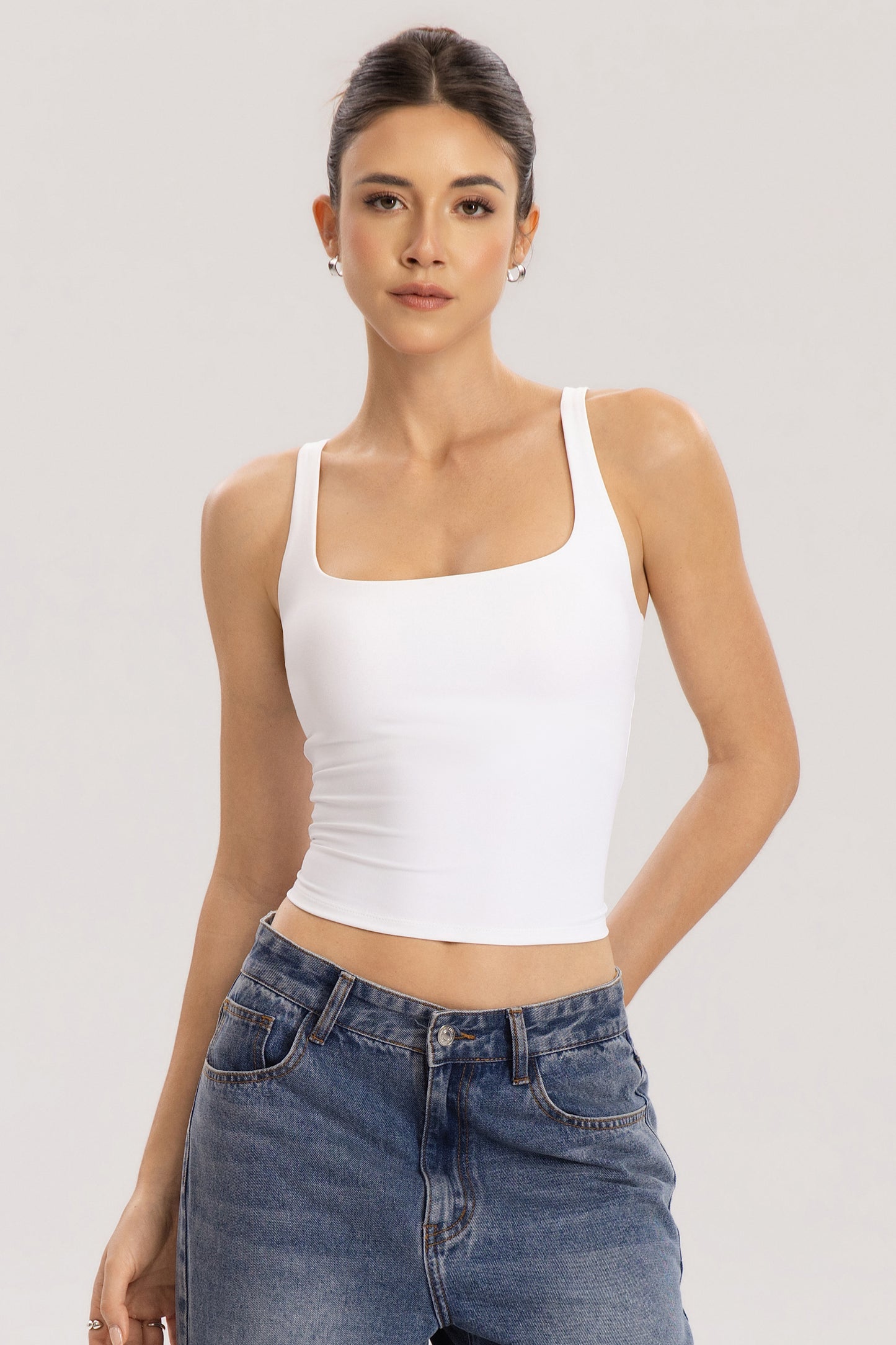 QINSEN Womens Tank Tops with Built in Bras Square Neck Double Lined Basic Sleeveless Workout Tops