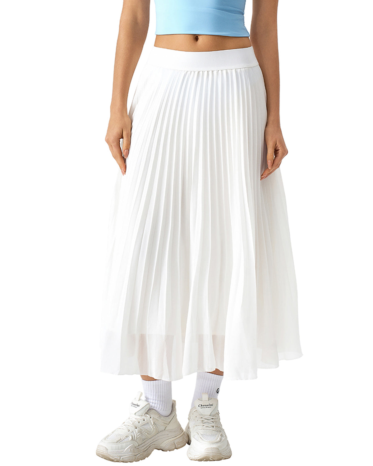 QINSEN Women's Elegant Flowy Pleated Chiffon Skirts A-line Swing Midi Skirts Elastic Waist Soft Linging