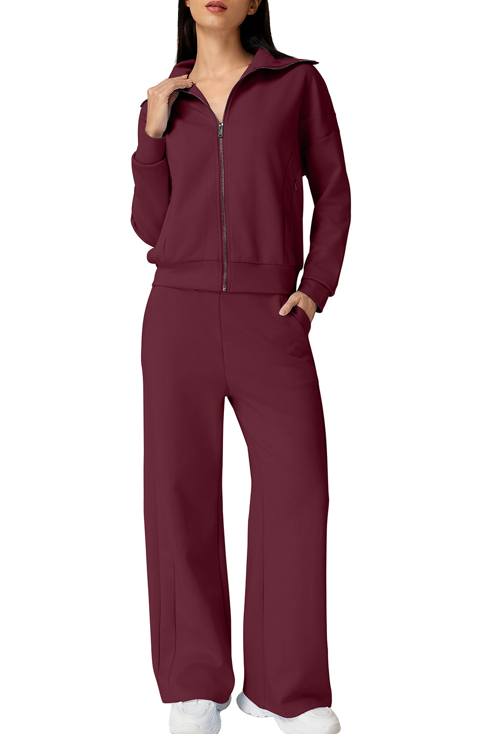 QINSEN Women's Cotton 2 Piece Outfits Lapel Long Sleeve Zip Up Sweatshirt Wide Leg Pants Matching Tracksuit Sets