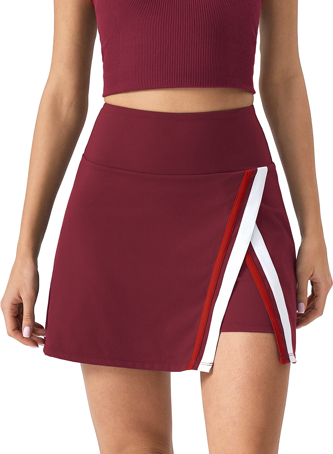 QINSEN Tennis Skirts for Women Side Slit A Line Athletic Skort High Waisted Golf Workout Skirt with Shorts Pockets