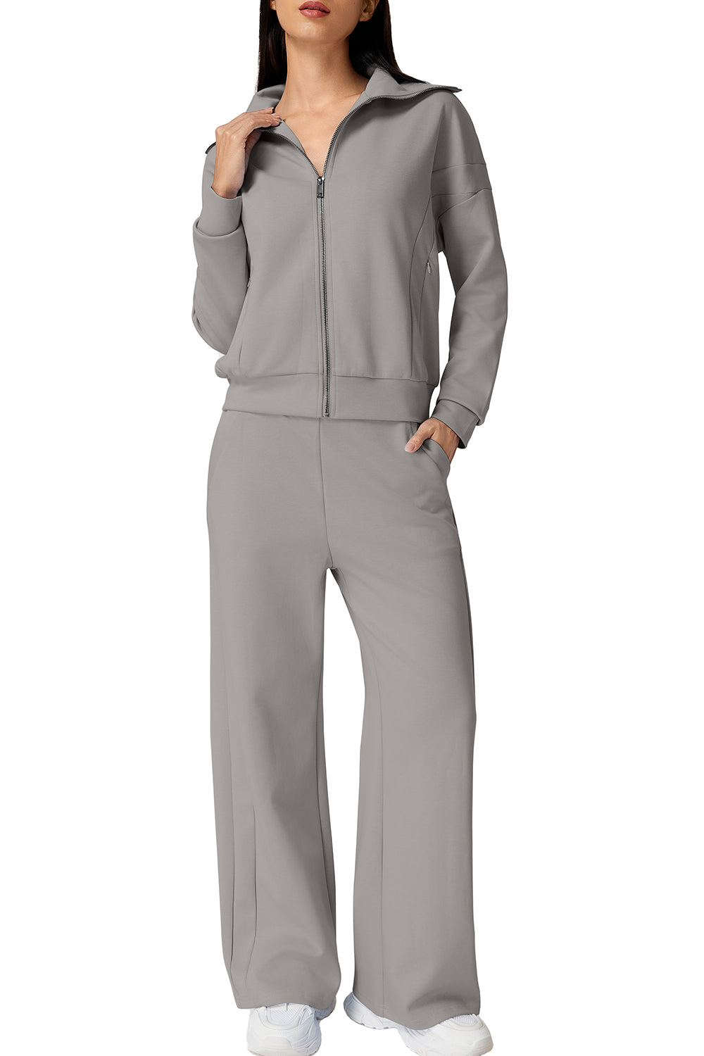 QINSEN Women's Cotton 2 Piece Outfits Lapel Long Sleeve Zip Up Sweatshirt Wide Leg Pants Matching Tracksuit Sets