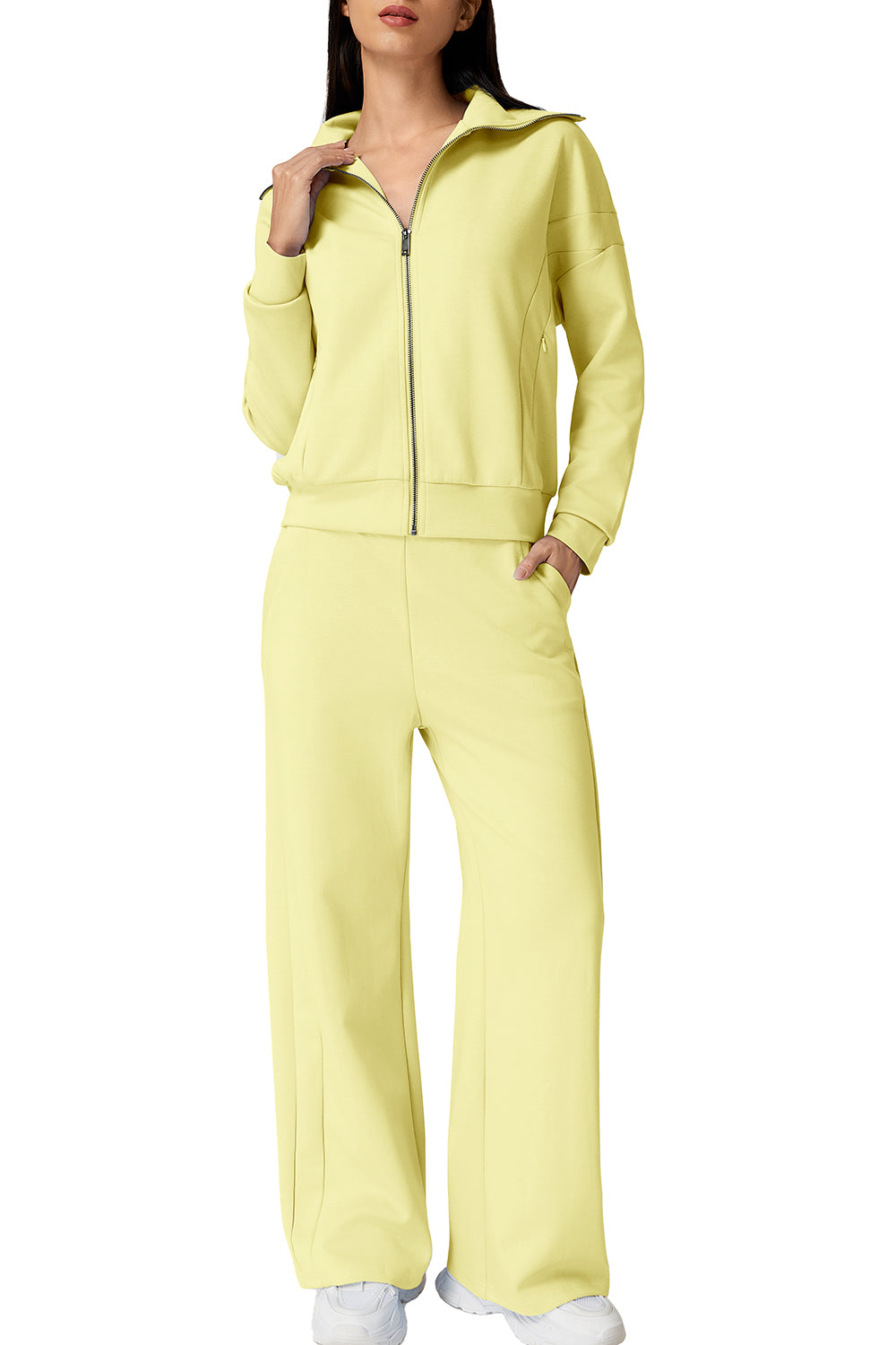 QINSEN Women's Cotton 2 Piece Outfits Lapel Long Sleeve Zip Up Sweatshirt Wide Leg Pants Matching Tracksuit Sets