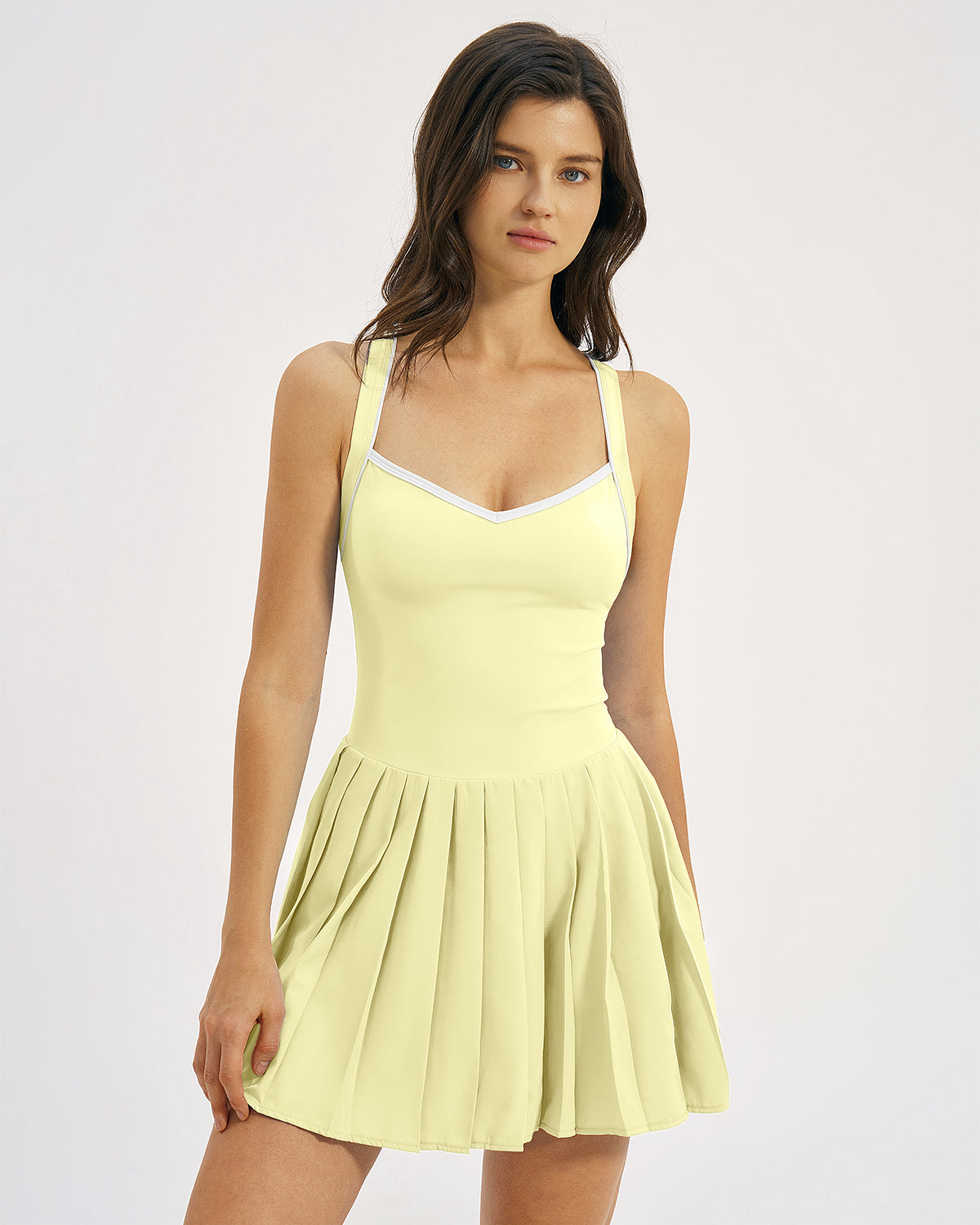 QINSEN Womens V Neck Pleated Tennis Dresses Built in Shorts Cross Back Sleeveless Athletic Dress with Pockets
