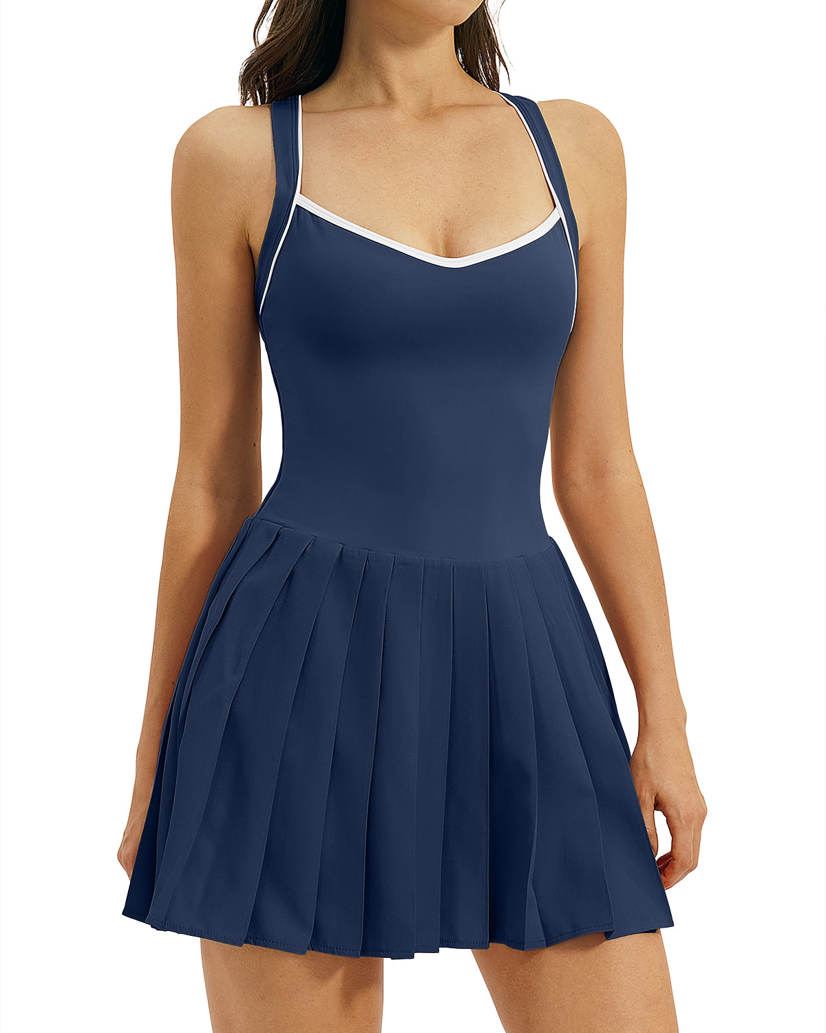 QINSEN Womens V Neck Pleated Tennis Dresses Built in Shorts Cross Back Sleeveless Athletic Dress with Pockets