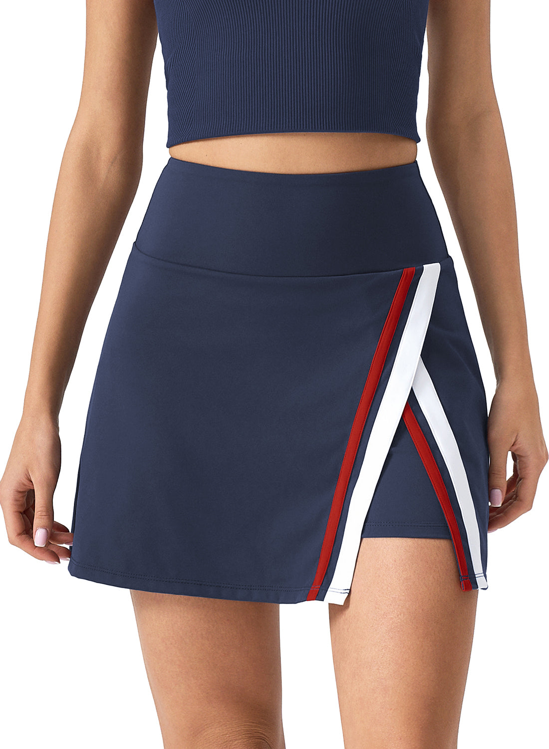 QINSEN Tennis Skirts for Women Side Slit A Line Athletic Skort High Waisted Golf Workout Skirt with Shorts Pockets