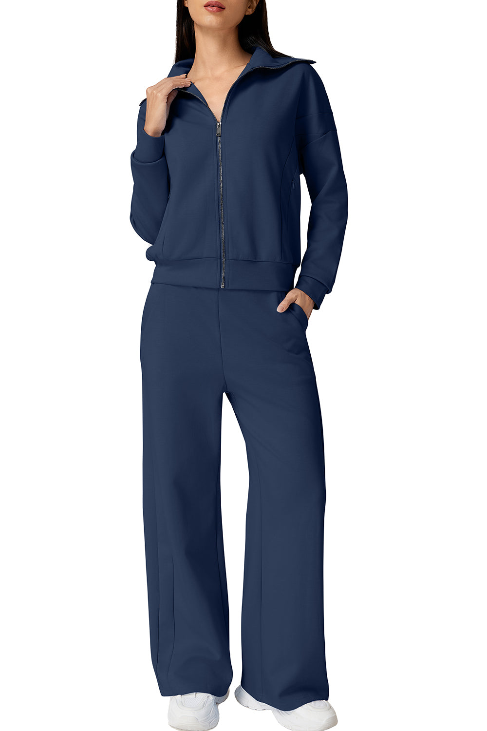 QINSEN Women's Cotton 2 Piece Outfits Lapel Long Sleeve Zip Up Sweatshirt Wide Leg Pants Matching Tracksuit Sets