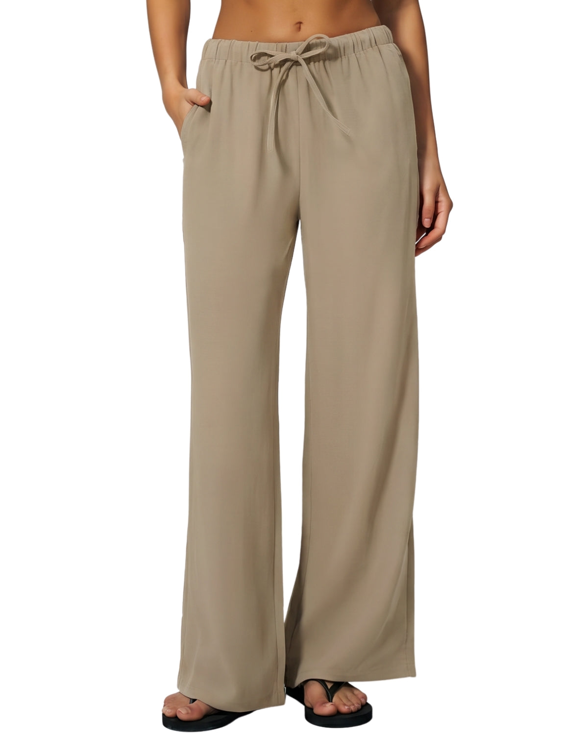 QINSEN Women's Wrinkle-Free Wide Leg Palazzo Pants High Rise Flowy Drape Drawstring Elastic Waist Trousers with Pockets