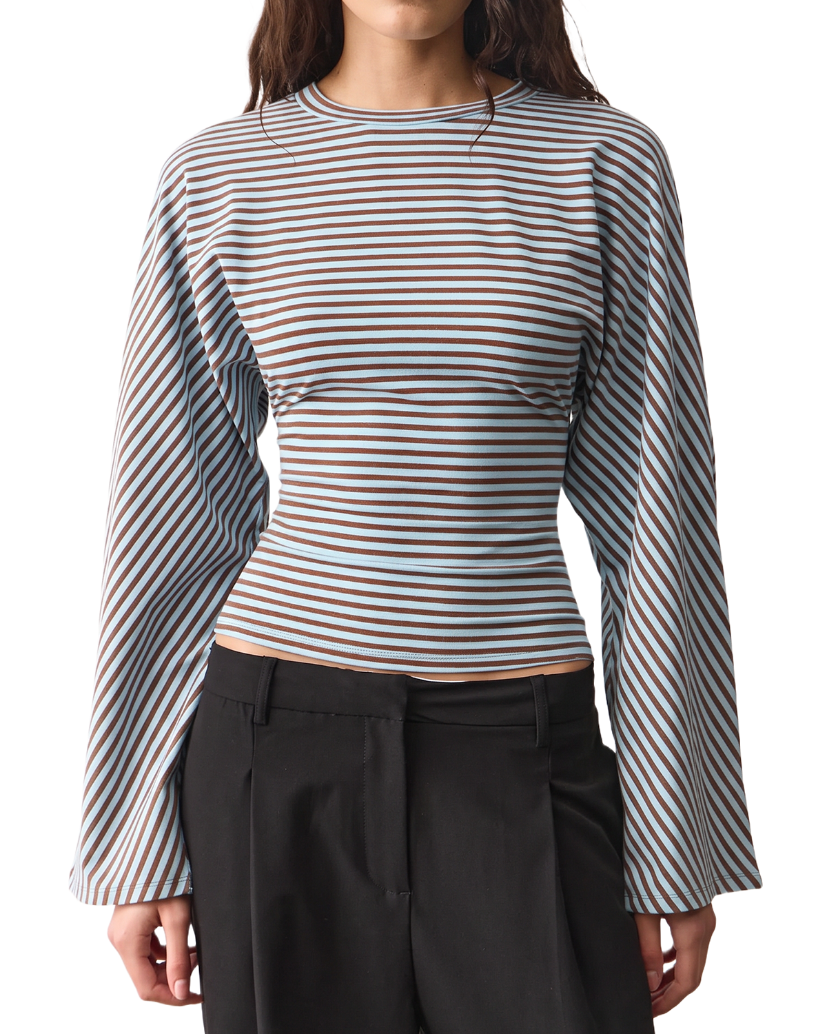 QINSEN Women's Crew Neck Long Sleeve Top Cinched Waist Stretch T Shirts