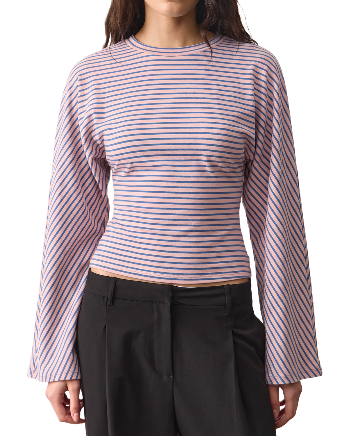 QINSEN Women's Crew Neck Long Sleeve Top Cinched Waist Stretch T Shirts